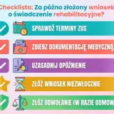Checklista: Sprawdź terminy ZUS, zbierz dokumenty, uzasadnij opóźnienie, złóż wniosek lub odwołanie, gdy za późno złożony wniosek o świadczenie rehabilitacyjne.