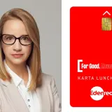 Kobieta w okularach obok czerwonej karty lunchowej z logo Edenred i napisem "KARTA LUNCHOWA".