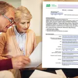 Starsze małżeństwo analizuje dokumenty ZUS dotyczące emerytury. Wniosek o emeryturę zawiera rubryki na dane osobowe, PESEL, NIP, datę urodzenia i inne informacje potrzebne do ustalenia, jakie dokumenty do emerytury są wymagane.
