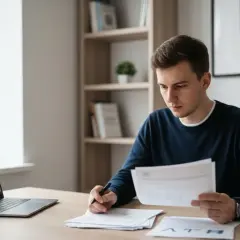 Młody mężczyzna siedzi przy biurku, przegląda dokumenty i korzysta z laptopa.