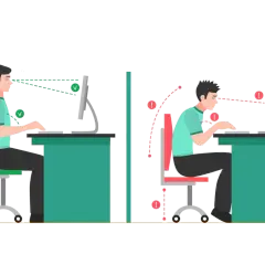 Ilustracja porównująca prawidłową i nieprawidłową postawę przy biurku, z zaznaczonymi wskaźnikami ergonomii.