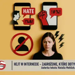 Smutna kobieta obok symboli hejtu w internecie: telefony z napisami "HATE", przekleństwami i zakazem.