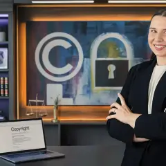 Kobieta w garniturze, laptop z napisem "Copyright", symbol ochrony praw autorskich i kłódka.