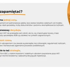 Grafika z tekstem "Co musisz zapamiętać?" i listą punktów o VAT, obok kalkulatora.