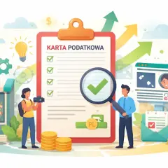 Ilustracja przedstawia kartę podatkową, ludzi, pieniądze i rosnące wykresy.