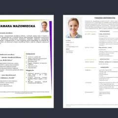 Dwa przykładowe CV z portretem kobiety i danymi kontaktowymi.