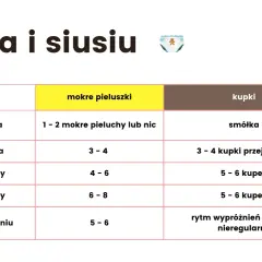 Tabela porównująca liczbę mokrych pieluszek i kupki noworodka w pierwszych tygodniach życia.