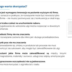 Ikony ilustrujące korzyści z ulgi B+R: żarówka, ludzie, kalendarz, budynek, koło zębate, symbol dolara, strzałka.