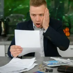 Zaskoczony mężczyzna trzymający rachunek, obok kalkulator i monety.
