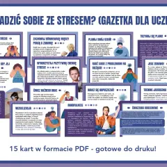 Ilustracja przedstawia kolaż z grafikami i tekstem na temat radzenia sobie ze stresem dla uczniów.