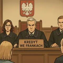 Ilustracja sali sądowej z ławą przysięgłych i tabliczką "Kredyt we frankach".