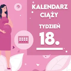 Ilustracja kobiety w ciąży z kalendarzem i napisem "Tydzień 18".