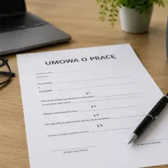 Na biurku leży dokument "Umowa o pracę", obok okulary, laptop i kubek kawy. Gotowa do podpisania.