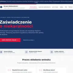 Grafika przedstawia stronę internetową serwisu "Zaświadczenie o niekaralności" z przyciskiem "Złóż wniosek online".