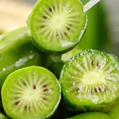 Przekrojone na pół, mokre kiwi z widocznymi pestkami na tle innych owoców.
