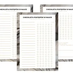 Trzy białe checklisty z listą materiału do przerobienia i okręgami do zaznaczania postępów nauki.