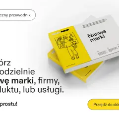 Stos książek z żółtą okładką i ilustracją osoby z koszykiem, tytuł "Nazwa marki".