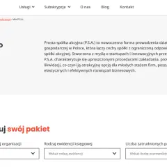 Nagłówek "Doradztwo dla P.S.A." i formularz wyboru formy prawnej.