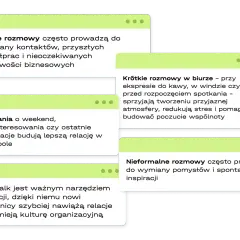 Cztery zielone dymki z tekstem o small talku, budowaniu relacji i rozmowach w biurze.
