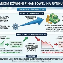 Dźwignia finansowa 1:30 pozwala kontrolować 30 000 USD z depozytem 1000 USD. Ruch ceny o 1% to 300 USD zysku lub straty.