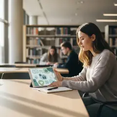 Dziewczyna w bibliotece szuka inspiracji na ciekawe kierunki studiów dla niezdecydowanych, przeglądając tablet z ikonami symbolizującymi różne dziedziny.