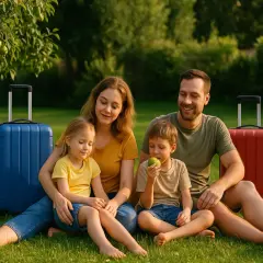 Rodzina z walizkami siedzi na trawie w słoneczny dzień.