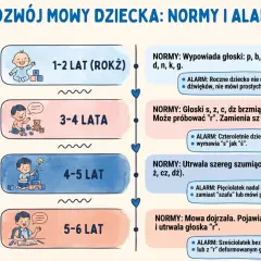 Roczne dziecko uczy się mówić. Na schemacie widać rozwój mowy od 1 do 6 lat.