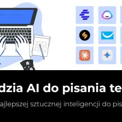 Ilustracja przedstawia dłonie piszące na laptopie obok notatnika, a po prawej stronie ikony narzędzi AI.