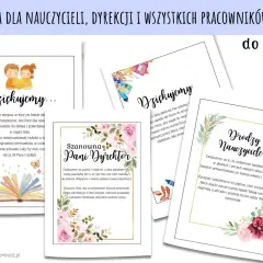 Kilka kartek z życzeniami dla nauczycieli i dyrekcji, ozdobionych kwiatami i ilustracjami.