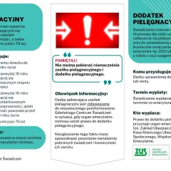 Czerwony wykrzyknik i strzałki, tekst o zasiłku i dodatku pielęgnacyjnym.