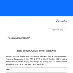 Formularz zgoda na przetwarzanie danych osobowych, zawierający pole na imię i nazwisko, miejscowość i datę, oraz tekst o zgodzie na przetwarzanie danych zgodnie z RODO.