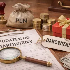 Dokument "Podatek od darowizny", lupa, worek z PLN, monety, prezent i banknoty.