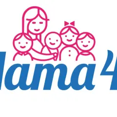 Logo "Mama 4+" z uśmiechniętą mamą i czwórką dzieci. Symbolizuje wsparcie dla rodzin, jak rodzicielskie świadczenie uzupełniające.