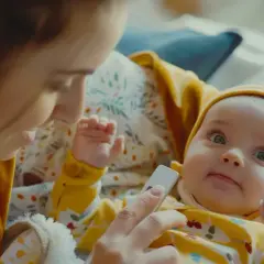 Matka mierzy temperaturę niemowlaka termometrem.