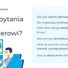 Ilustracja przedstawia mężczyznę siedzącego przy biurku z komputerem, na którym wyświetlają się pytania dotyczące rozmowy kwalifikacyjnej.