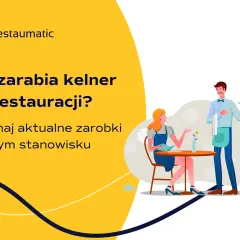 Ilustracja kelnera podającego danie klientce w restauracji.