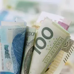 Zwoje polskich banknotów, w tym 100 złotych, na rozmytym tle.