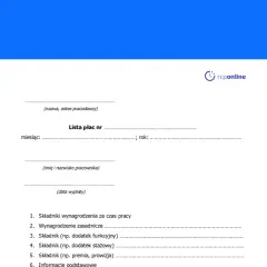 Formularz lista płac z polami do wypełnienia: nazwa pracodawcy, miesiąc, rok, imię i nazwisko pracownika, data wypłaty, składniki wynagrodzenia.
