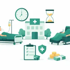 Pacjent w łóżku szpitalnym i siedzący w fotelu, zegar, klepsydra, budynek szpitala, dokumenty, tarcza z krzyżem i pieniądze. L4 ile płatne?