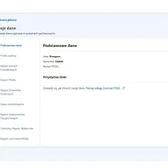 Ekran aplikacji mObywatel z sekcją "Twoje dane", gdzie widoczne są podstawowe dane osobowe i link do zastrzeżenia PESEL.