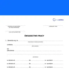 Fragment świadectwa pracy z danymi pracodawcy i pracownika.