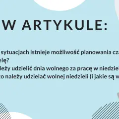 Grafika z tekstem "W ARTYKULE:" i pytaniami o pracę w niedzielę.