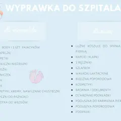 Ilustracja z listą rzeczy do szpitala dla niemowlaka i mamy, z bocianem i księżycem.