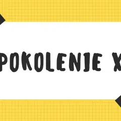 Biała kartka z napisem "POKOLENIE X" na żółtym tle w kratkę, przyklejona czarnymi taśmami.