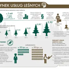 Infografika o rynku usług leśnych: koszty, zatrudnienie i zarobki.