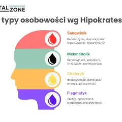 Profil głowy podzielony na 4 kolory, symbolizujące typy osobowości: sangwinik, melancholik, choleryk, flegmatyk.