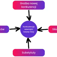 Diagram 5 Sił Portera: Groźba nowej konkurencji, siła nabywców, siła dostawców, substytuty, konkurencja wewnątrz niszy.