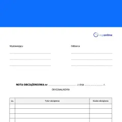 Formularz nota korygująca z polami na dane wystawcy, odbiorcy, numer i datę, a także tabelą na tytuł i kwotę obciążenia.