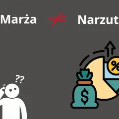 Grafika przedstawia napis "Marża ≠ Narzut", ikonę osoby z pytajnikami i worek pieniędzy z wykresem procentowym.