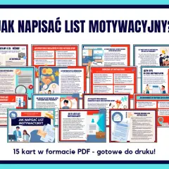 Grafika przedstawia kolaż z kilkunastu kart informacyjnych na temat pisania listów motywacyjnych.